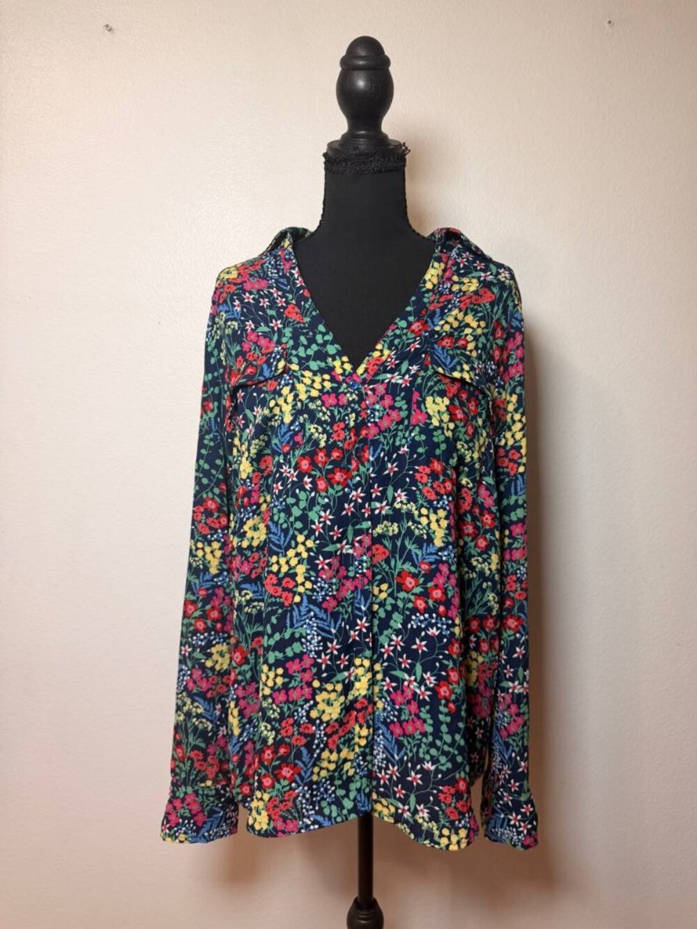 New York & Company Navy Floral Fall Blouse Boho Cottagecore Tunic Top XL